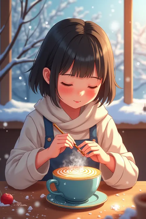 make winter tea art in anime style