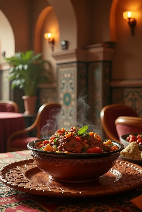 Tajine marocaine dans un grande salon marocain. Nom de restaurant BOUIBA