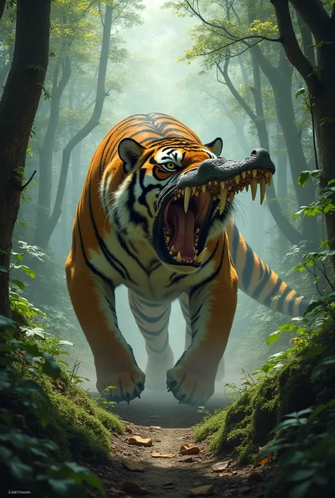 Tiger in the forest running and turn into evil crocodile and roared