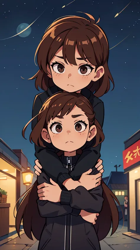 1 brown haired male , 1 brown  haired female, in a city, night time , looking at stars, wearing black clothes, hugging, (ultra high quality)