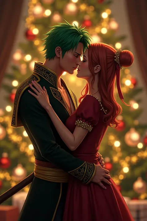 Zoro one Piece with is wife kiss behind the christmas tree 