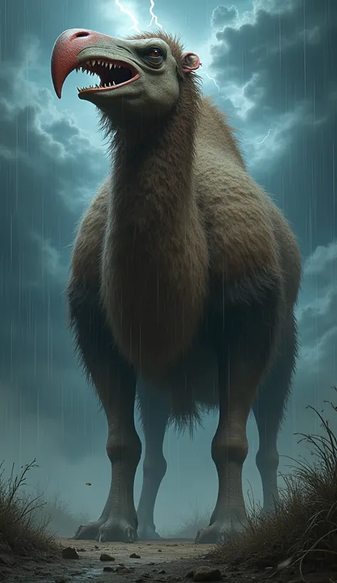 Mutant hybrid of a camel with the head of an angry platypus and roaring on a stormy night