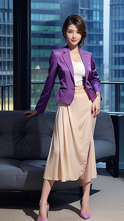 ((masterpiece)),(( best quality))、tall and slim 、Full Body Portrait，(One Mature Woman),( silk pantyhose and high heels),(Wear a colorful blazer jacket and a colorful long skirt:1.3)、 perfect anatomy、 Model Pose ，(Modern architecture in the background)、 Big...