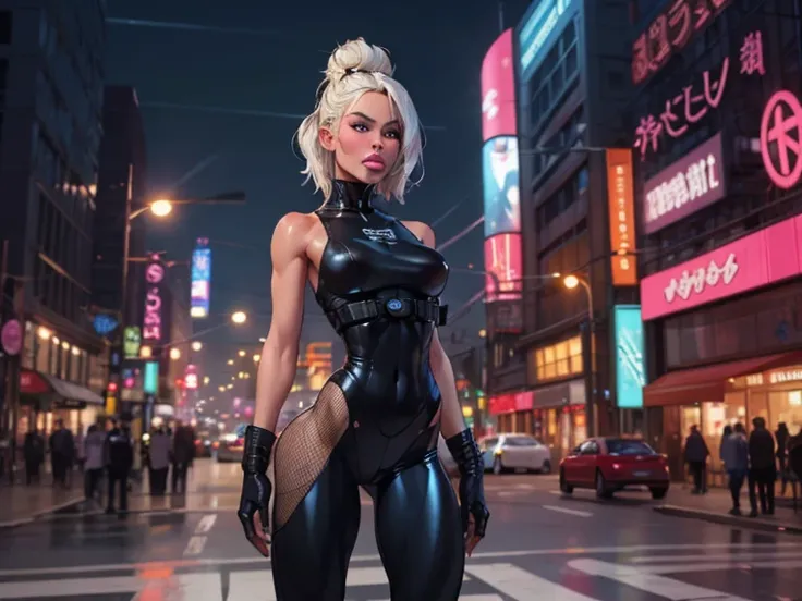 A futuristic cyberpunk android with a striking, curvy body inspired by Nicki Minajs iconic figure, complemented by the sharp, distinct facial features of Miley Cyrus. Her skin is sleek and metallic, reflecting the neon glow of the cityscape around her. Glo...