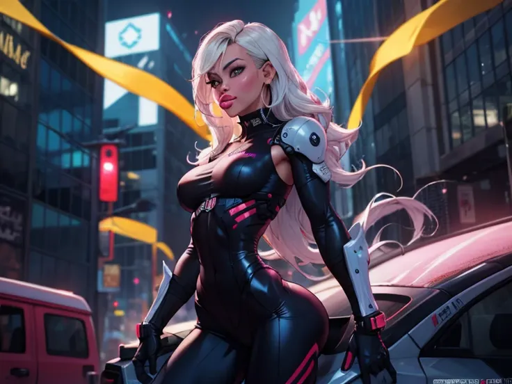 A futuristic cyberpunk android with a striking, curvy body inspired by Nicki Minajs iconic figure, complemented by the sharp, distinct facial features of Miley Cyrus. Her skin is sleek and metallic, reflecting the neon glow of the cityscape around her. Glo...