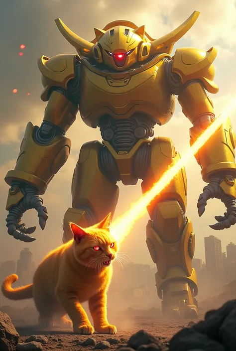 The Titan robot cat is big as a gold-colored city to glow and shoots a ray from the eye at a large yellow cat with large claws and teeth with red eyes 