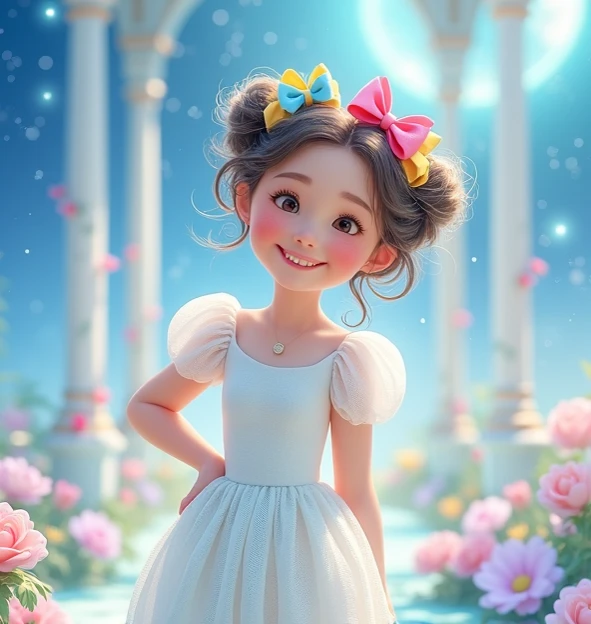 Cartoon pixar, , curly hair with bows, smile, white dress, moon light, garden, flowers, princess style