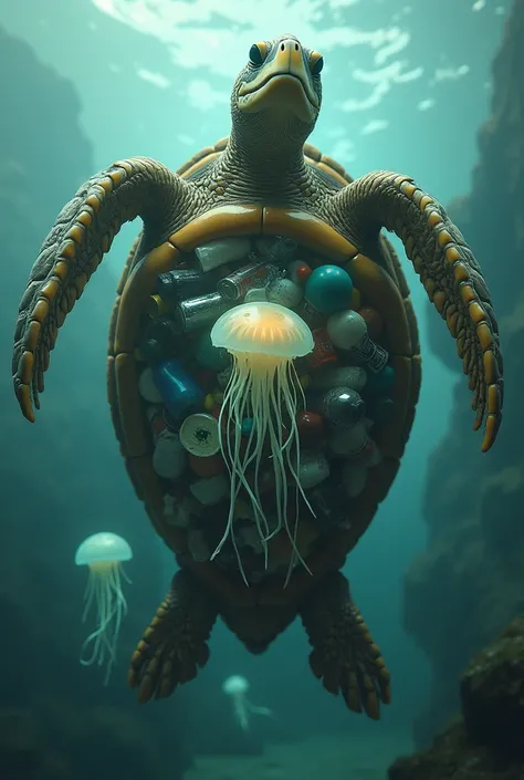 Surrealism, sea turtle, upside down, skeleton, add many plastic at it stomach and inside it stomach, add plastic bottle inside it stomach, mix the plastic bag and plastic bottle, at stomach not outside, add jellyfish at the center of it stomach