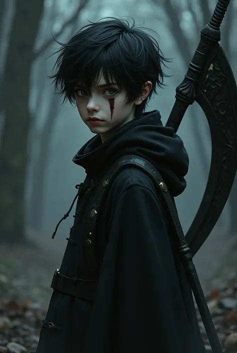 A boy with dark hair and dark eyes, have sword scar left nose to left chin, have very white skin, careies scythe on his back, light structure, 