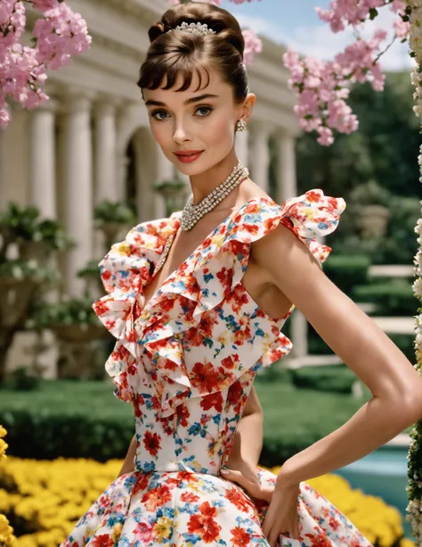 (masterpiece, best quality, hyper realistic, raw photo, ultra detailed, extremely detailed, intricately detailed), (photorealistic:1.4), (photography of Audrey Hepburn wearing a fashionable Floral print high-low wrap dress with cascading ruffles, designed ...