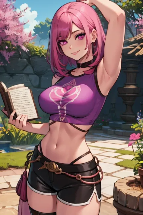 Perfect face. Perfect hands. A pink haired woman with violet eyes with an hourglass figure in a crop top t-shirt and tight shorts is relaxing in the garden with a book with a big smile
