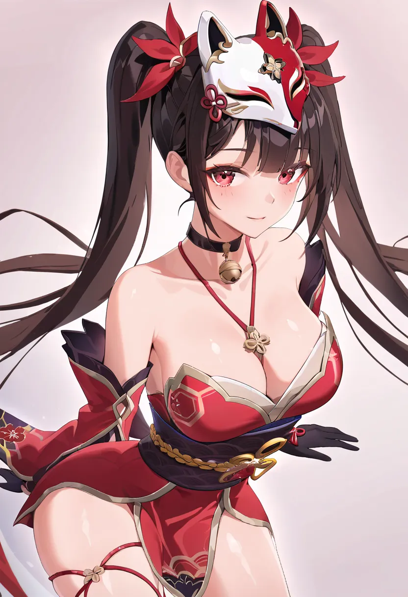 ((best quality, amazing quality, very aesthetic, highres, incredibly absurdres, retouched, smooth lines, excellent color,shiny skin )), twintails, hair ornament, off shoulder kimono, mask on head, detached sleeves, choker, obi, single glove, cross-laced sa...