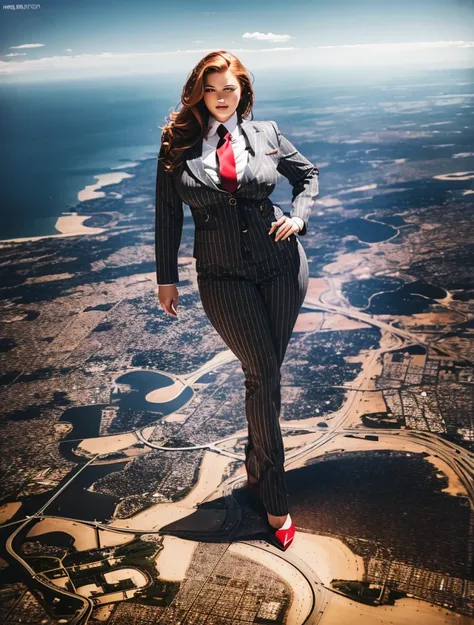 A sophisticated and stylish woman in a grey pinstriped trouser suit, white shirt, and a large wide paisley necktie in a windsor knot, with a beautiful, curvaceous figure, massive breasts, and long ginger hair, with a curvaceous figure and massive breasts. ...