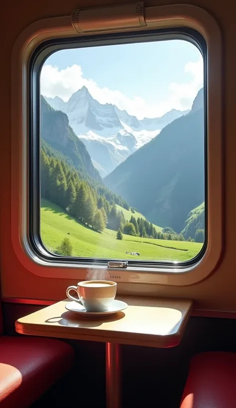 Create an realistic, high-definition,4k, image of "Inside a luxurious Swiss train, a cozy seat by the window with a table holding a cup of hot coffee. The window frames a breathtaking view of the Alps with rolling green hills and snowy peaks. The steam fro...