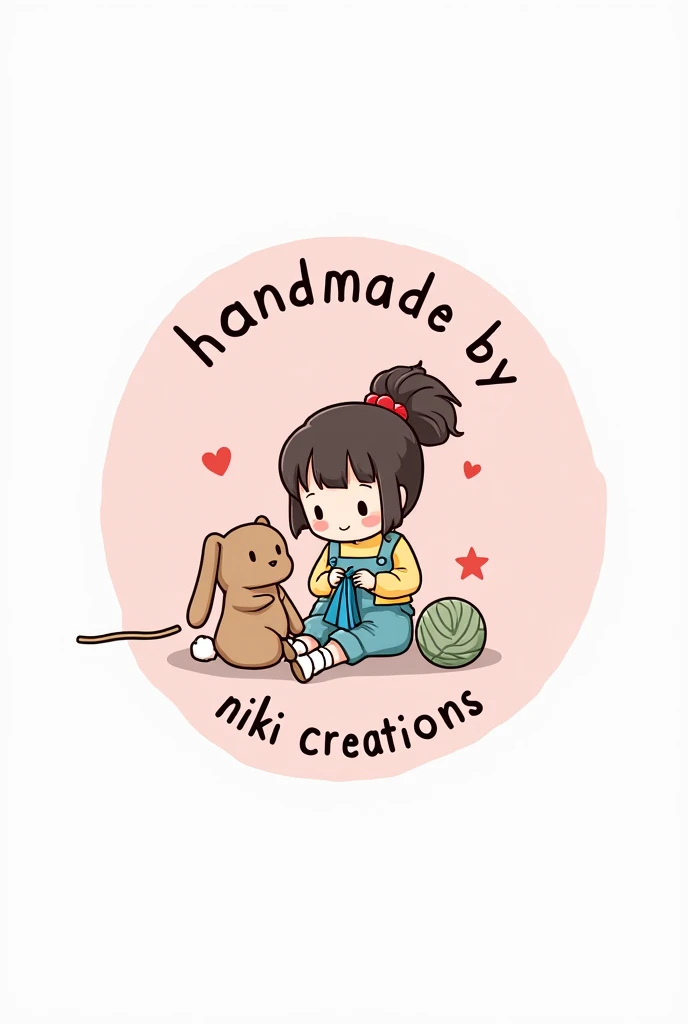 ReV Animated. In the middle of a white background is a light pink circle with a dark pink heart and a cute girl knitting and a cute bunny toy. Around the top of the circle is the small text "Handmade By". Finally, below the circle is largest text "Niki Cre...