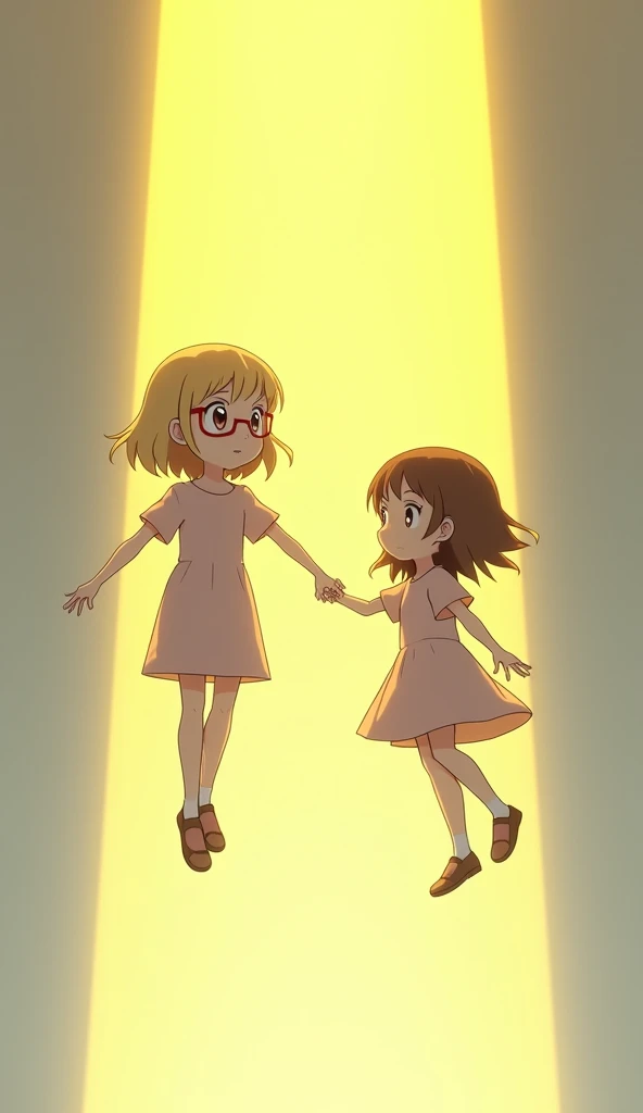 Two s , both five years old,are raised into the air by a yellow light. A girl with blond shoulder-length hair and red glasses.  A girl with brown longer hair and snub nose . They both hold hands and look surprised  .
#anime #3d digital art
