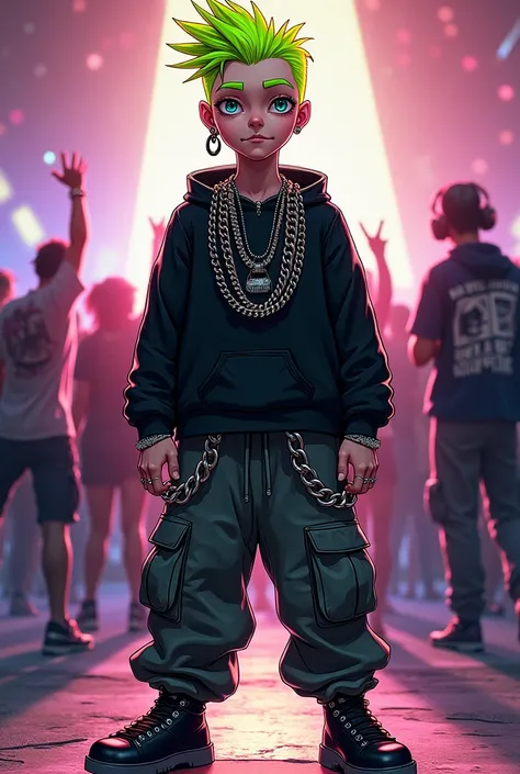  crates create a freehand drawing style image of a boy with a short fluo green mullet that ends at the end of the forehead with a small tuft,  dressed in loose military pants with lots of chains , large black sweatshirt ,  with black globe shoes , with sep...