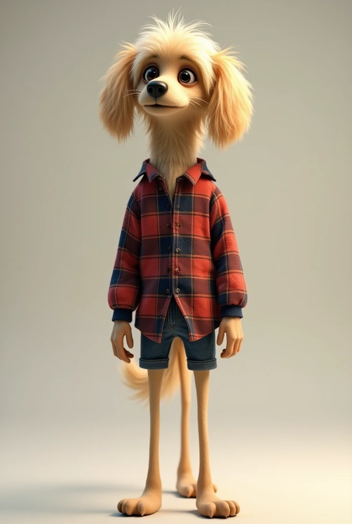 Big skinny dog with blond hair and flannel clothes