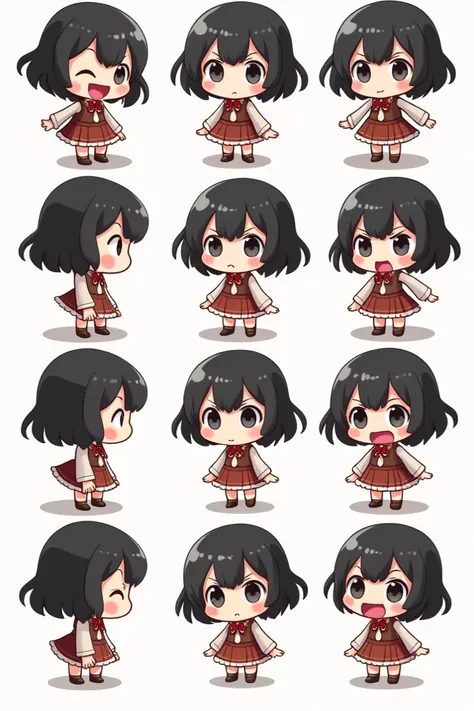 Chibi girl.. she has to wear western historical dress, black short hair and eyes

Make a chibi caracter and provide 10 pictures of different moods, such as 
1. happy, 
2. sad, 
3. excitement, 
4. horrified 
5. Surprised 
6. Annoyed 
7. Angry (red)
8. Embar...