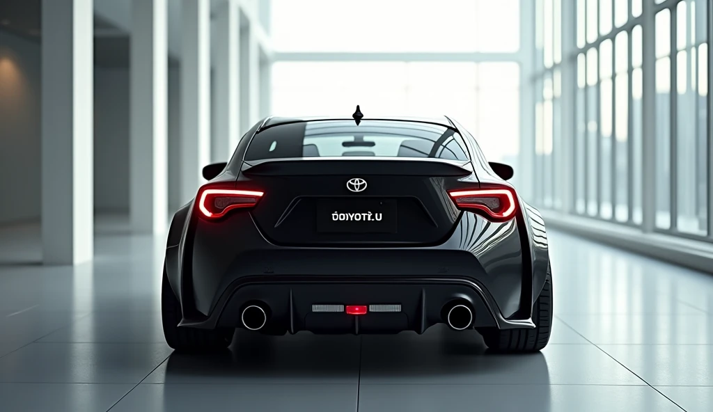 The image shows the rear view of a black Toyota Corolla sports car. The car is parked in a large room with a high ceiling and large windows. The rear of the car has a sleek and modern design with a curved roofline and a spoiler on the back. The Toyota logo...