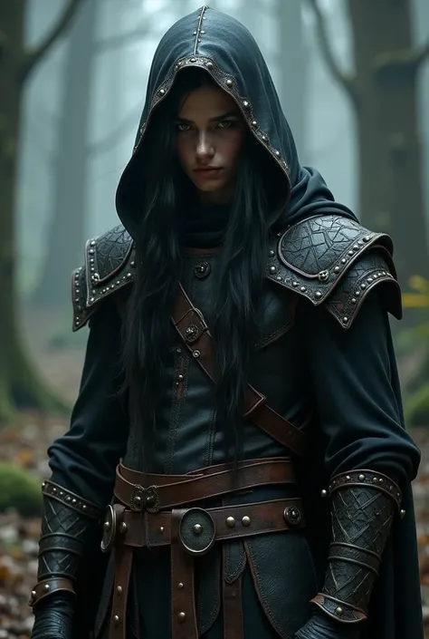 Create an Elf with a hood and leather armor with long black hair and a single eye without a beard or mustache