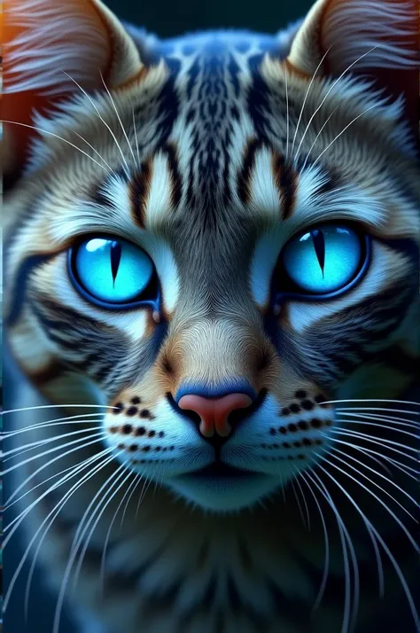 Realistic cat face .  With very bright blue eyes