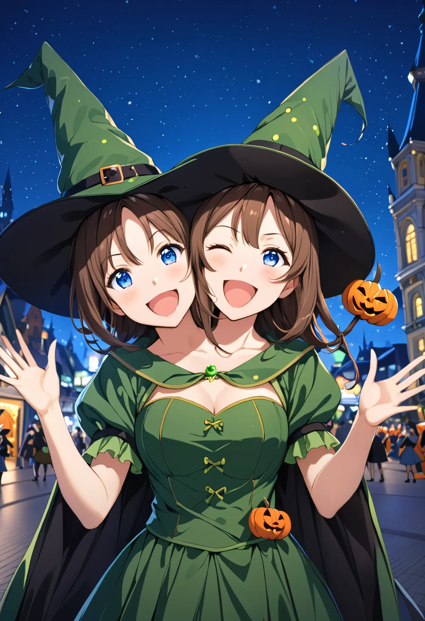 anime, masterpiece, best quality, absurdres, two heads, 1girl, playful, brown hair, blue eyes, different facial expressions, smiling, open mouth, one eye closed, green witch costume, witch hats, city square at night, halloween party