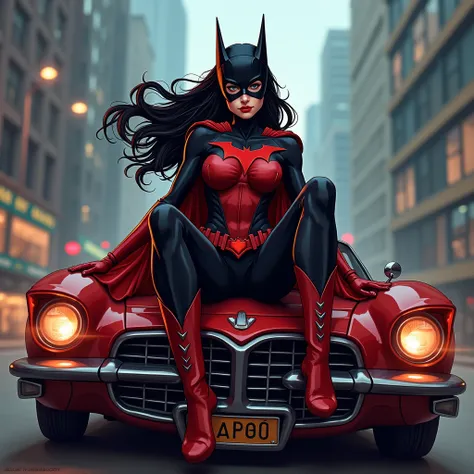 Batwoman, pieds nus, assise sur une voiture. Ses pieds sont pieds nus.