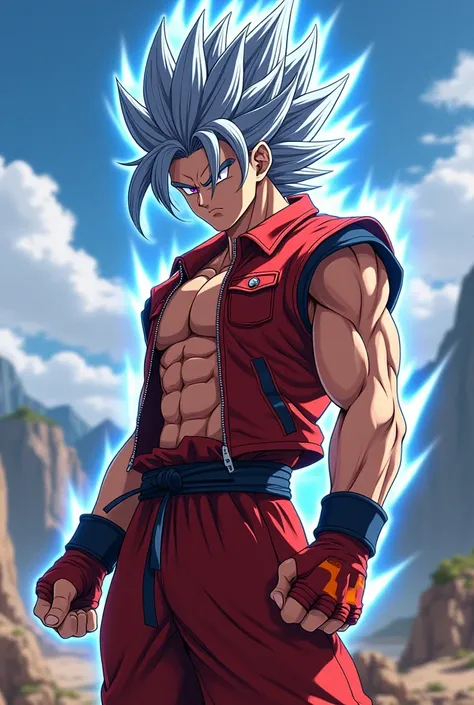 Create a Tekken character named Marcus Tan/white, red jeans jacket , red and black pants , very masculine hair,spiky  
very spiky hair hair with a blue electric sparks aura powering up, anime style , mountains in the background, aura of yellow glowing outl...