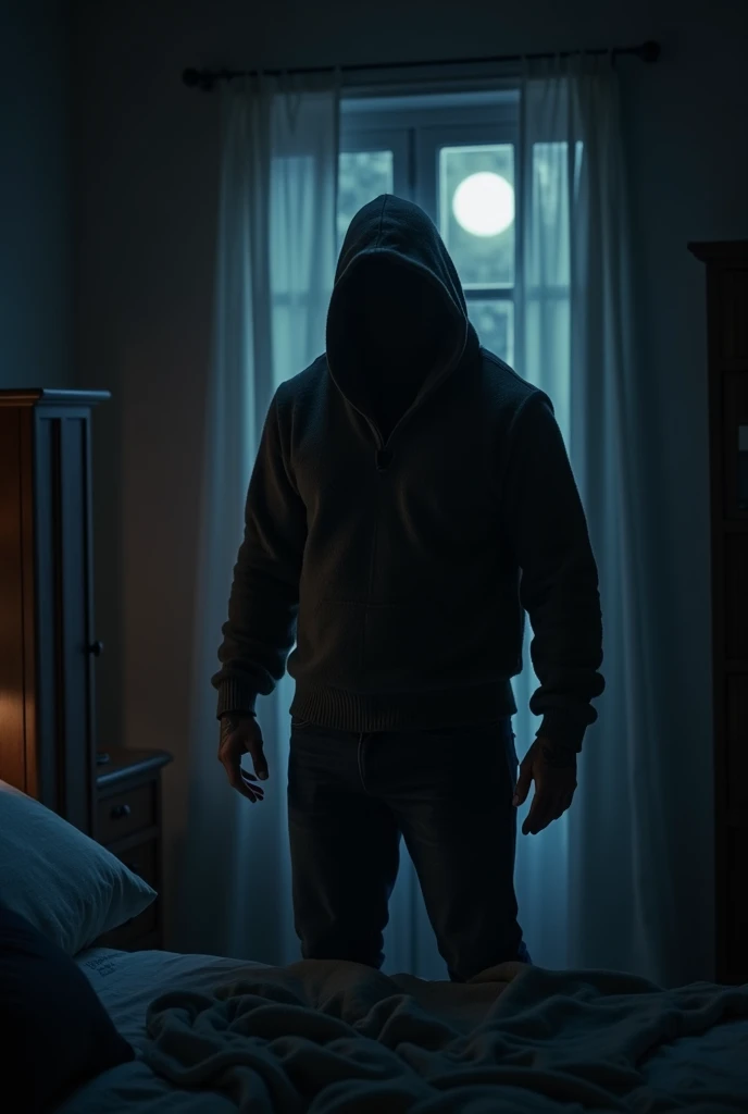 A dark bedroom at dawn with the moon shining through the curtains. in the corner of the room stands a man with a hooded sweater. he is muscular and has tattoos on his hands, you cant see his face because of the hood.