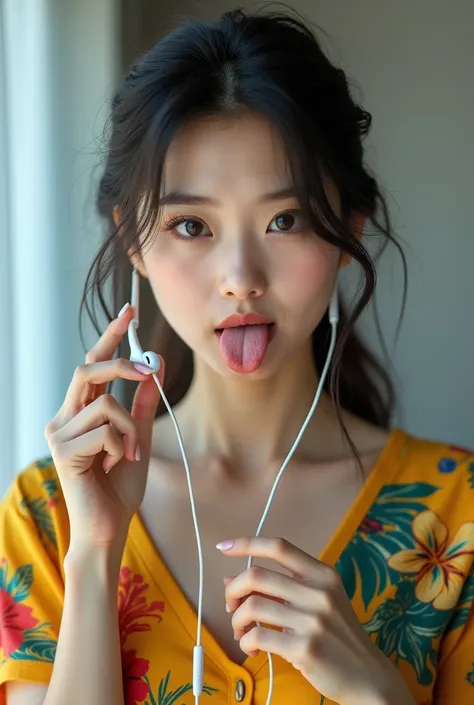 Japanese woman wearing a Brazilian t-shirt licking earphones