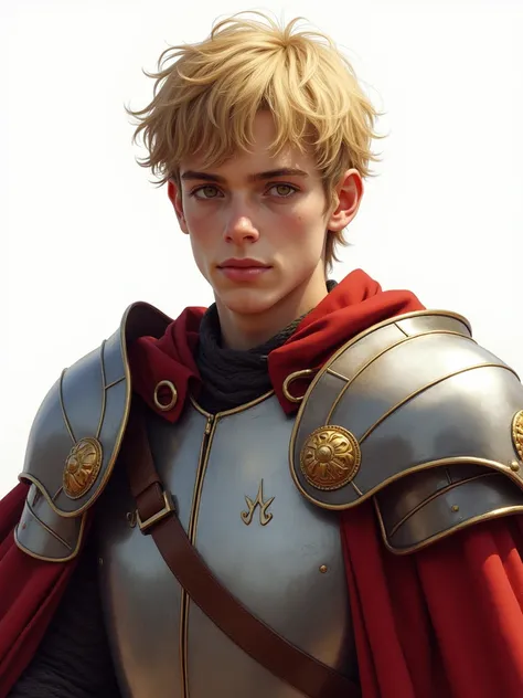 Best quality, masterpiece, ultra high resolution, white background, realistic, hadesstyle, retracted from a 16-year-old prince on the battlefield, short blonde hair, amber eyes, Imperial Prince armor, cape, depth of field