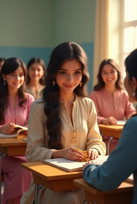 A Pakistani Women Read in Class Room and Dry Fruits in Hand with Female Friends and wear Kurta and Shalwar and Her Fellows Laughing on Her Hairs