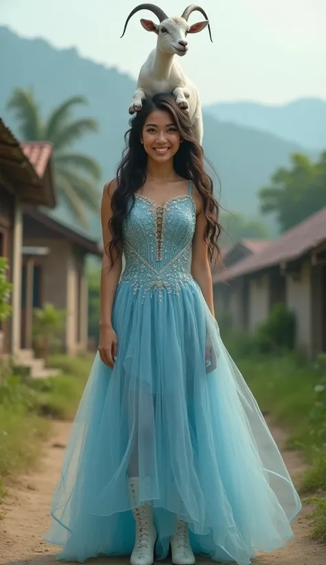  a beautiful indonesian woman,  bushy nose long wavy hair, Wearing Frozen Elsa Light Blue Closed Dress, wear trendy boots, carrying a goat on its head, happy face, on the streets of the countryside , there are some houses , afternoon atmosphere, minimal de...