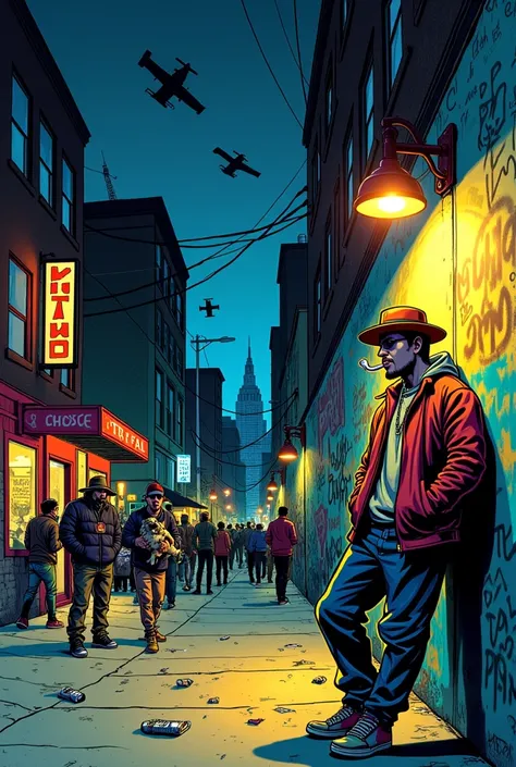  Creating an image presents an urban night scene with a Cartoon artistic style and detailed ,  recalling an underground cartoon or comic book art .  The setting is of a busy and chaotic street with painted walls reminiscent of urban street ART 

In the rig...