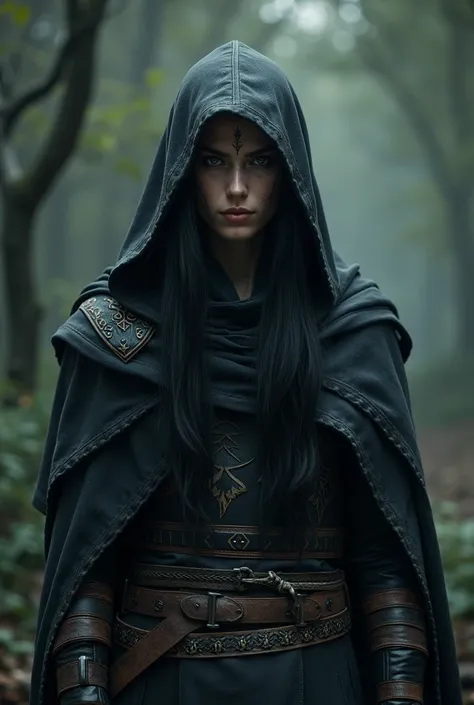 Create an Elf with a hood and leather armor with long black hair and a single eye without a beard or mustache