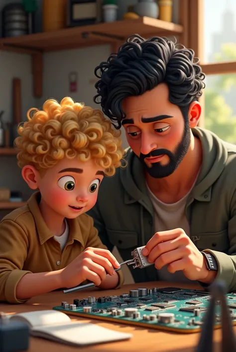 Curly blond boy assembling computer part with his father curly black hair and mustache