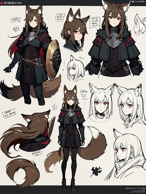  black background with spotlights、kishi-v2(A knight with a black and evil 々 shield、I can see the fangs、Double teeth、Wear armor ,  Beige Hair 、 Red Eyes,  1 girl),　I put on black tights、  1 girl, in ,  fox girl, in female,  fox ears,  animal ears  , Nazuna_...