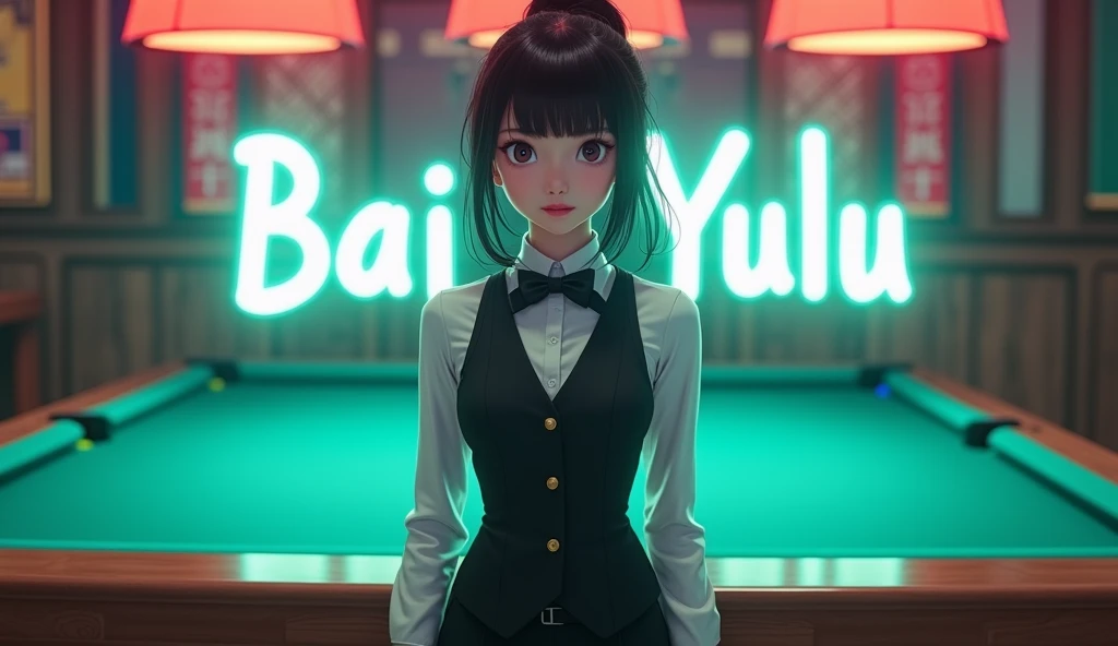  superhero chinese woman, round face, hair tied up, wearing black waistcoat, white shirt, bow tie, standing in front of a  green billiard table, white neon sign Bai Yulu, animated
