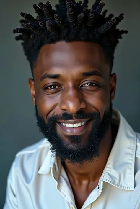 arafed man with a beard and a white shirt looking at the camera, similar to Idris Elba but not exact, cinematic portrait, masterpiece, realistic photo, ultra HD, studio portrait, 50 mm portrait, wearing blue shirt, day light, sculpted chin a stark contrast...