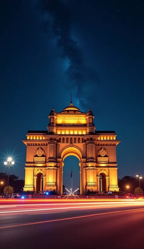 Create an realistic, high-definition,4k, image of "The majestic Victoria Memorial illuminated against the backdrop of a starry night. Light trails of rickshaws and cars passing in front add a modern touch to the historic landmark, blending tradition and mo...