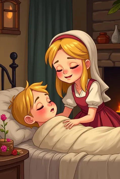 
Cartoon of a peasant blonde singing to her sick cousin 