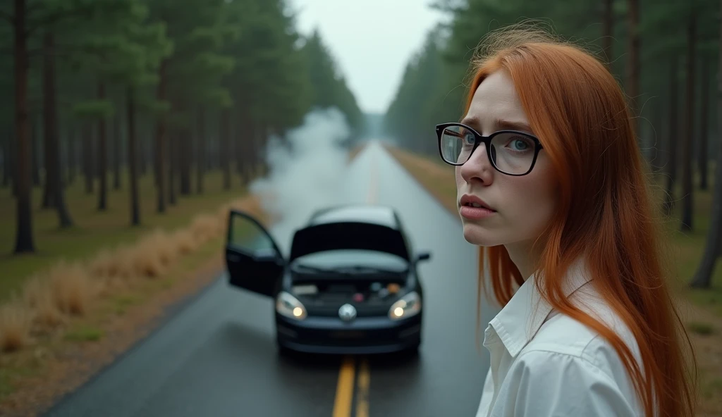 There is a 23-year-old woman wearing glasses ,  long hair, red-haired, white shirt, Opening the hood of a black car on a road in the middle of a pine forest,  seen from above,  the car had a problem in the middle of the road and smoke is coming out of the ...