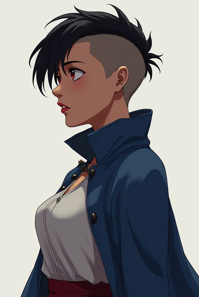 1 young,  black hair , short haircut shaved on one side only, Closed mouth,  best quality ,  Side view,  red eyes , detail,  breasts, Serious,  plain background, realism, guerreira fantasia, roupas de couro, capa azul escuro. Usa marreta como arma. 