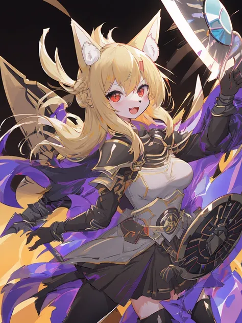  black background with spotlights、kishi-v2(A knight with a black and evil 々 shield、I can see the fangs、Double teeth、Wear armor ,  Beige Hair 、 Red Eyes,  1 girl),　I put on black tights、  1 girl, in ,  fox girl, in female,  fox ears,  animal ears  , Nazuna_...