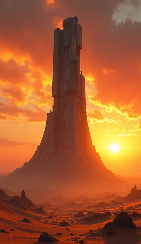 The highest quality, a vast desert enveloped in a fiery sunset. In the center stands a mysterious mechanical tower, surrounded by scattered metal fragments.