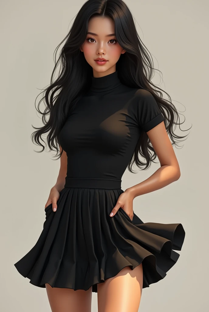  A brunette girl with black hair and caramelized eyes ,  wearing a slim fit black turtleneck shirt that goes down to the crotch.  She wears a black schoolgirl 7 /8 that goes above the knee ,  with an elegant and natural pose 