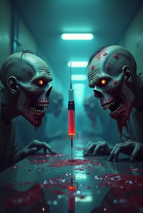  ratio Generate an image for a 3D zombie game with realistic aesthetics, The image is for the start menu ,  is set in the 90s in a half-scientific experimentation structure, In the middle of the image you can see a syringe and on the sides you can see zomb...