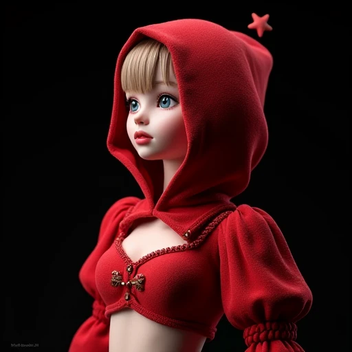 ((extreme detail)),(ultra-detailed), extremely detailed CG unity 8k wallpaper, velvet, figurine, red hood, crop top, star headdress, puffy sleeves, lips, looking away, close-up, head turn, black background