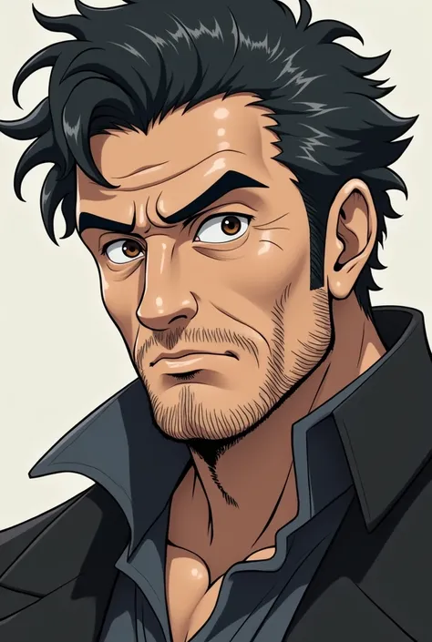 anime-type man with black hair who looks like a 40-year-old real man